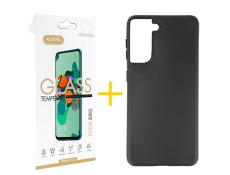 Pack 1 X Protector de Vidrio Templado 2.5D + Funda ACCETEL para Samsung Galaxy S21 FE 5G Silicona Liso Negro