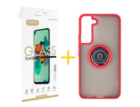 Pack 1 X Protector de Vidrio Templado 2.5D + Funda ACCETEL para Samsung Galaxy S21 FE 5G Gel Bumper con Anillo Rojo