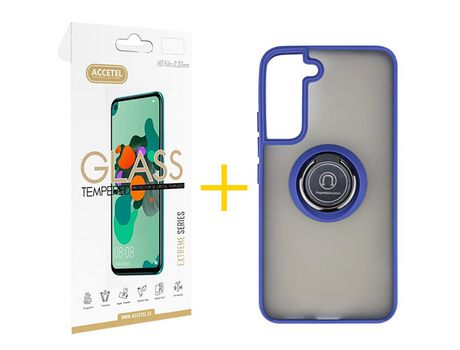 Pack 1 X Protector de Vidrio Templado 2.5D + Funda ACCETEL para Samsung Galaxy S21 FE 5G Gel Bumper con Anillo Azul
