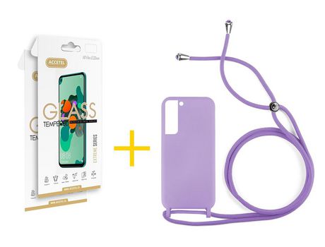 Pack 2 X Protector de Vidrio Templado 2.5D + Funda ACCETEL para Samsung Galaxy S21 FE 5G Gel con Cordón Rojo