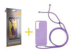 Pack 1 X Protector de Vidrio Templado Full + Funda ACCETEL para Samsung Galaxy S21 FE 5G Gel con Cordón Lila