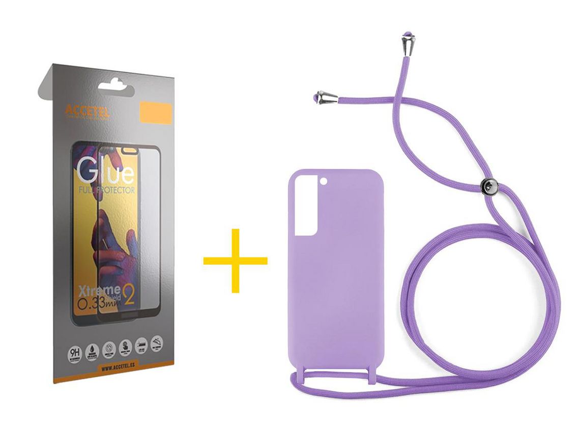 Pack 1 X Protector de Vidrio Templado Full + Funda ACCETEL para Samsung Galaxy S21 FE 5G Gel con Cordón Lila