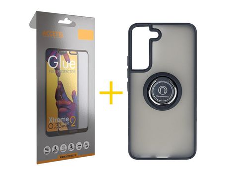 Pack 1 X Protector de Vidrio Templado Full + Funda ACCETEL para Samsung Galaxy S21 FE 5G Gel Bumper con Anillo Negro