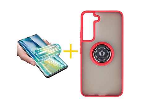 Pack 1 Película + Funda SKYHE para Samsung Galaxy S21 FE 5G Gel Bumper con Anillo Rojo