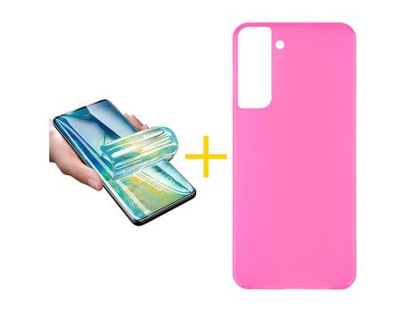 Pack 1 X Protector de Vidrio Templado Hidrogel + Funda ACCETEL para Samsung Galaxy S21 FE 5G Silicona Liso Rosa