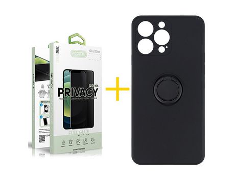 Pack 1 X Protector de Vidrio Templado Anti espía + Funda ACCETEL para iPhone 13 Pro Gel O-Ring Negro
