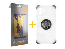 Pack 1 Película Full + Funda SKYHE para Apple iPhone 12 Gel Bumper con Anillo Incolor Clear
