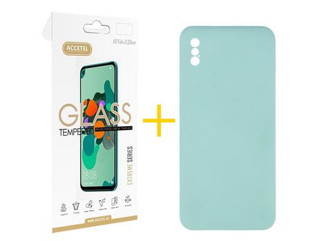 Pack 1 X Protector de Vidrio Templado 2.5D + Funda ACCETEL para iPhone XS Max Silicona Líquida Verde-Agua