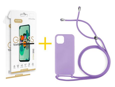 Pack 2 x Protector de Vidrio Templado 2.5D + Funda ACCETEL para iPhone 11 Pro Max Gel con Cordón Violeta