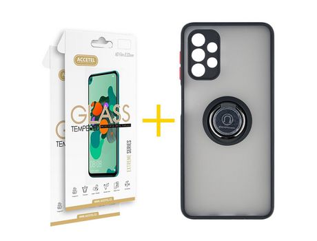 Pack 2 X Protector de Vidrio Templado 2.5D + Funda ACCETEL para Samsung Galaxy A52 S 5G Gel Bumper con Anillo Negro