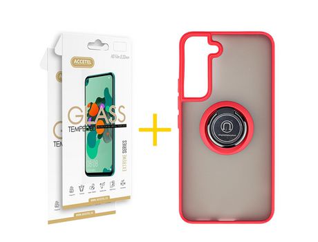 Pack 2 X Protector de Vidrio Templado 2.5D + Funda ACCETEL para Samsung Galaxy S21 FE 5G Gel Bumper con Anillo Rojo