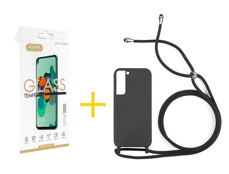Pack 1 X Protector de Vidrio Templado 2.5D + Funda ACCETEL para Samsung Galaxy S21 FE 5G Gel con Cordón Negro