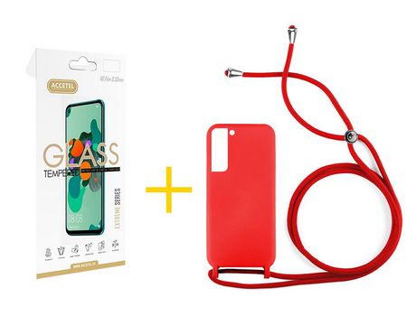 Pack 1 X Protector de Vidrio Templado 2.5D + Funda ACCETEL para Samsung Galaxy S21 FE 5G Gel con Cordón Rojo
