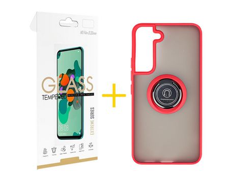 Pack 1 Película 2.5D + Funda SKYHE para Samsung Galaxy S21 FE 5G Gel Bumper con Anillo Rojo