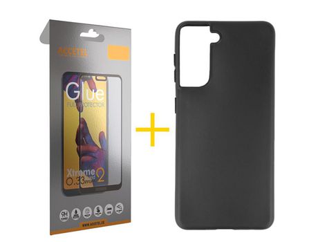 Pack 1 X Protector de Vidrio Templado Full + Funda ACCETEL para Samsung Galaxy S21 FE 5G Silicona Liso Negro