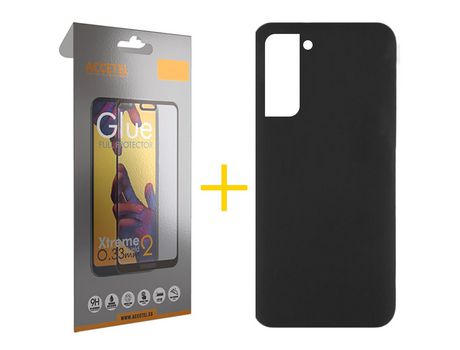 Pack 1 X Protector de Vidrio Templado Full + Funda ACCETEL para Samsung Galaxy S21 FE 5G Silicona Líquida Negro