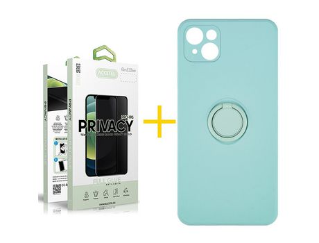 Pack 1 X Protector de Vidrio Templado Anti espía + Funda ACCETEL para iPhone 13 Mini Gel O-Ring Verde-Agua