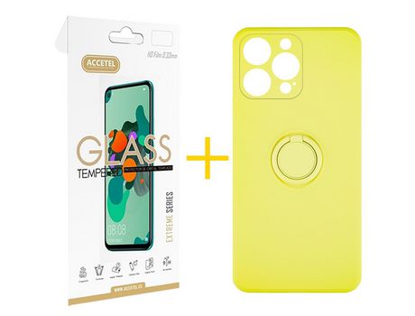 Pack 1 x Protector de Vidrio Templado 2.5D + Funda ACCETEL para iPhone 12 Pro Gel O-Ring Amarillo