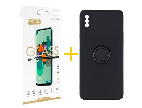 Pack 1 X Protector de Vidrio Templado 2.5D + Funda ACCETEL para iPhone X / XS Gel O-Ring Negro