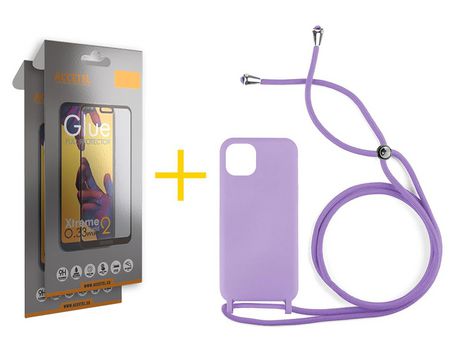 Pack 2 x Protector de Vidrio Templado Full + Funda ACCETEL para iPhone 11 Pro Max Gel con Cordón Violeta