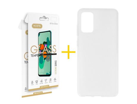 Pack 2 X Protector de Vidrio Templado 2.5D + Funda ACCETEL para Samsung Galaxy S20 Plus 5G Silicona Liso Transparente Escarchado