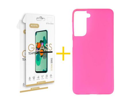 Pack 2 X Protector de Vidrio Templado 2.5D + Funda ACCETEL para Samsung Galaxy S21 FE 5G Silicona Liso Rosa