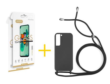 Pack 2 X Protector de Vidrio Templado 2.5D + Funda ACCETEL para Samsung Galaxy S21 FE 5G Gel con Cordón Transparente Clear