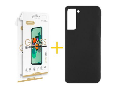 Pack 2 X Protector de Vidrio Templado 2.5D + Funda ACCETEL para Samsung Galaxy S21 FE 5G Silicona Líquida Negro