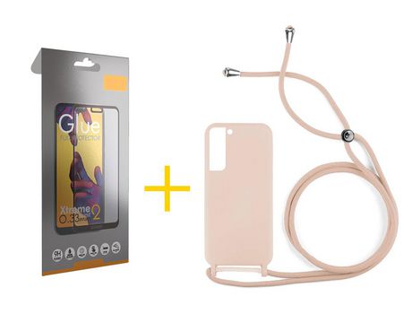 Pack 1 Película Full + Funda SKYHE para Samsung Galaxy S21 FE 5G Gel con Cordón Rosa Pastel