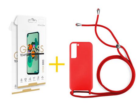 Pack 2 Películas 2.5D + Funda SKYHE para Samsung Galaxy S21 FE 5G Gel con Cordón Rojo