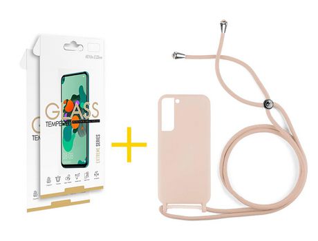 Pack 2 Películas 2.5D + Funda SKYHE para Samsung Galaxy S21 FE 5G Gel con Cordón Rosa Pastel