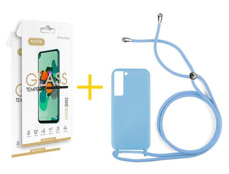 Pack 2 X Protector de Vidrio Templado 2.5D + Funda ACCETEL para Samsung Galaxy S21 FE 5G Gel con Cordón Negro