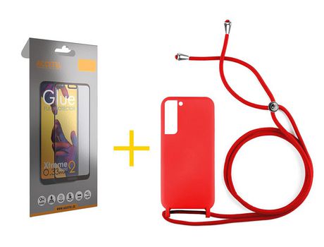 Pack 1 X Protector de Vidrio Templado Full + Funda ACCETEL para Samsung Galaxy S21 FE 5G Gel con Cordón Rojo