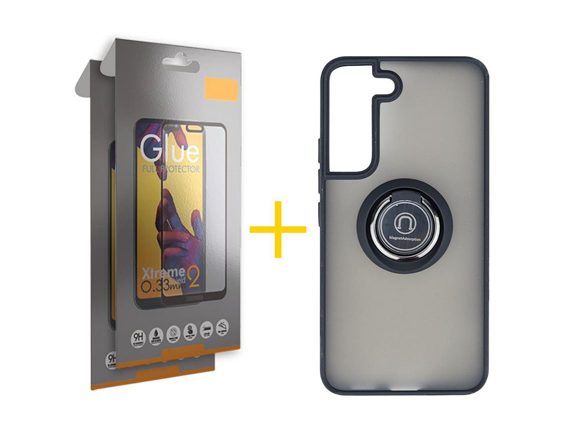 Pack 2 Películas Full + Funda SKYHE para Samsung Galaxy S21 FE 5G Gel Bumper con Anillo Negro