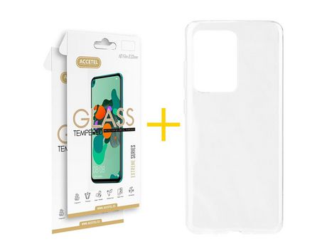 Pack 2 X Protector de Vidrio Templado 2.5D + Funda ACCETEL para Samsung Galaxy S20 Ultra 5G Silicona Liso Transparente Clear