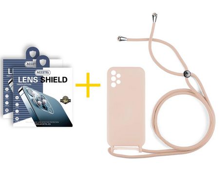 Pack 2 X Protector de Cámara trasera + Funda ACCETEL para Samsung Galaxy A72 5G Gel con Cordón Rosa Pastel