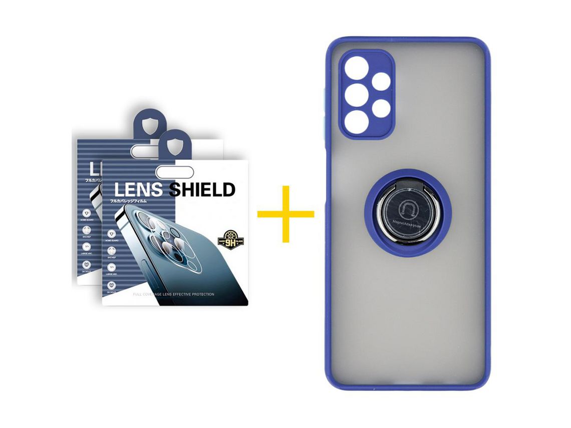 Pack 2 Películas de Cámara trasera + Funda SKYHE por Samsung Galaxy A32 4G Gel Bumper con Anillo Azul