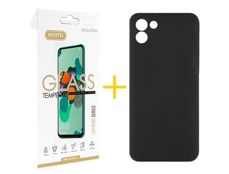 Pack 1 X Protector de Vidrio Templado 2.5D + Funda ACCETEL para Samsung Galaxy A03 Silicona Líquida Negro