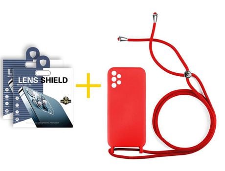 Pack 2 Películas de Cámara trasera + Funda SKYHE por Samsung Galaxy A32 5G Gel con Cordón Rojo