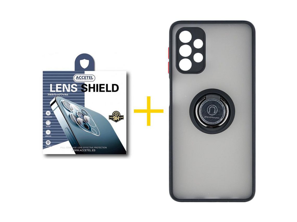 Pack 1 X Protector de Cámara trasera + Funda ACCETEL para Samsung Galaxy A52 5G Gel Bumper con Anillo Negro