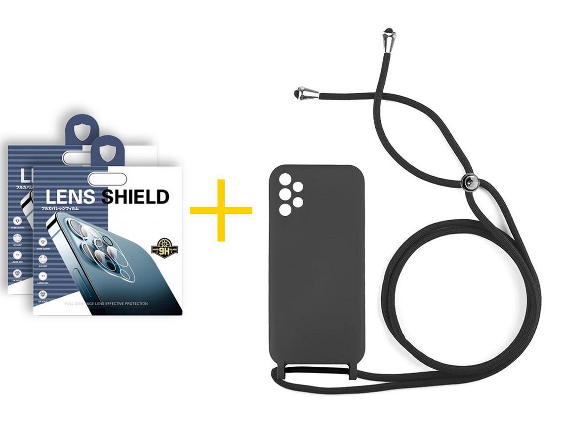 Pack 2 Películas de Cámara trasera + Funda SKYHE por Samsung Galaxy A72 5G Gel con Cordón Negro