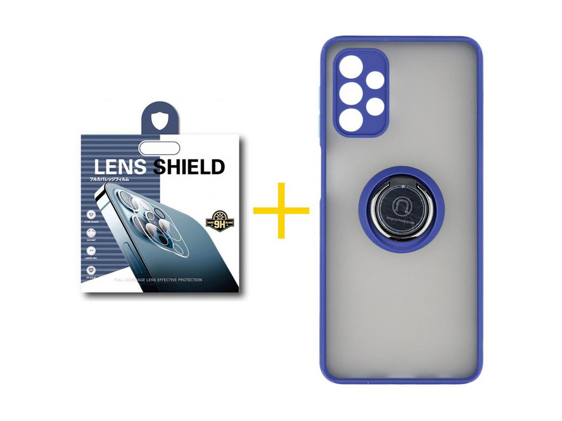 Pack 1 Película de Cámara trasera + Funda SKYHE por Samsung Galaxy A52 5G Gel Bumper con Anillo Azul