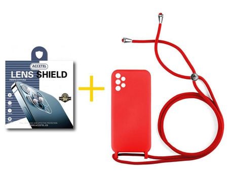 Pack 1 X Protector de Cámara trasera + Funda ACCETEL para Samsung Galaxy A52 S 5G Gel con Cordón Rojo