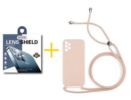 Pack 1 X Protector de Cámara trasera + Funda ACCETEL para Samsung Galaxy A72 5G Gel con Cordón Rosa Pastel