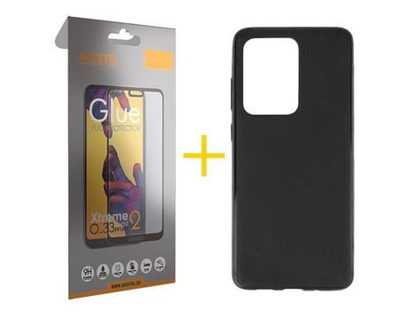 Pack 1 X Protector de Vidrio Templado Full + Funda ACCETEL para Samsung Galaxy S20 Ultra 5G Silicona Liso Negro