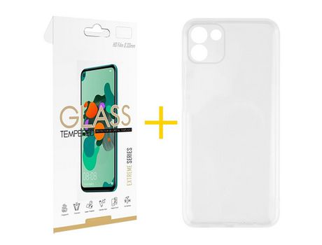 Pack 1 Película 2.5D + Funda SKYHE por Samsung Galaxy A03 Silicona Líquida Incoloro Clear