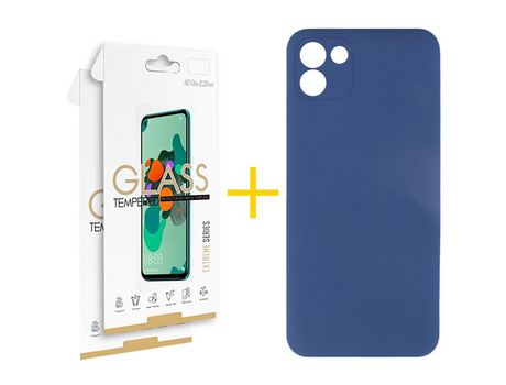 Pack 2 Películas 2.5D + Funda SKYHE por Samsung Galaxy A03 Silicona Líquida Azul Oscuro
