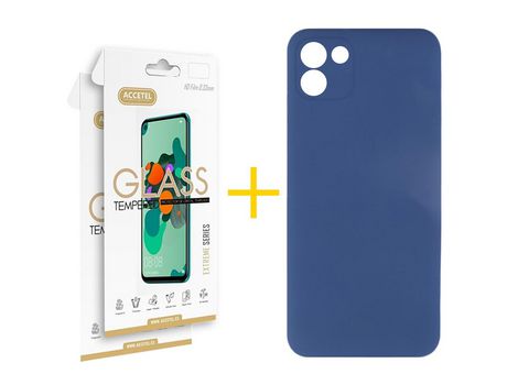 Pack 2 X Protector de Vidrio Templado 2.5D + Funda ACCETEL para Samsung Galaxy A03 Silicona Líquida Azul Oscuro