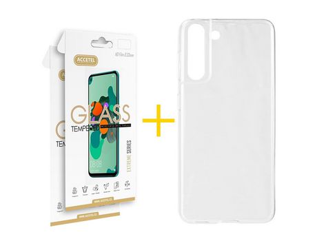 Pack 2 X Protector de Vidrio Templado 2.5D + Funda ACCETEL para Samsung Galaxy S21 FE 5G Silicona Liso Transparente Escarchado