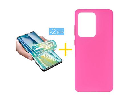 Pack 2 X Protector de Vidrio Templado Hidrogel + Funda ACCETEL para Samsung Galaxy S20 Ultra 5G Silicona Liso Rosa